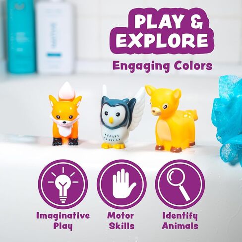 Tub Works® Woodland Animals Watertight Baby Bath Toys, 6 Pack | Sealed, No Hole Bath Toys Design Keeps Moisture Out | Soft, Squeezable & Float on Water | Easy-Grip Toddler Bath Toy Set for Kids Bath in Kuwait
