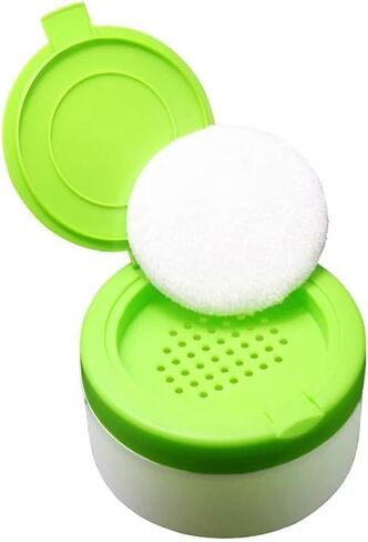 White Plastic Empty Baby Powder Puff Case with Green Sifter Lid Refillable After-Bath Talcum Powder Jar Dispenser Portable Beauty Baby Skin Care Container for Home and Travel in Kuwait