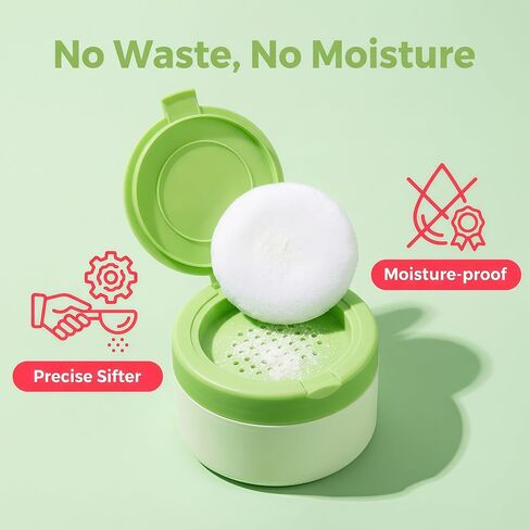 White Plastic Empty Baby Powder Puff Case with Green Sifter Lid Refillable After-Bath Talcum Powder Jar Dispenser Portable Beauty Baby Skin Care Container for Home and Travel in Kuwait