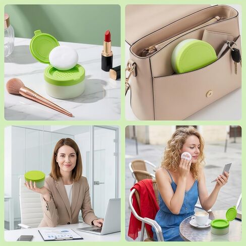 White Plastic Empty Baby Powder Puff Case with Green Sifter Lid Refillable After-Bath Talcum Powder Jar Dispenser Portable Beauty Baby Skin Care Container for Home and Travel in Kuwait
