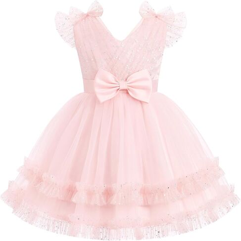 IDOPIP Sequin Bowknot Tulle Flower Girl Dress for Toddler Wedding Birthday | Shiny Rainbow Baby Girls Tutu Dress, Ruffle V-backless Pageant Formal Tea Party Dresses, Sparkly Graduation Photoshoot Outfit in Kuwait