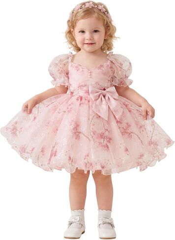 LalaMira Baby Girls Birthday Dress Flower Girl Dress Floral Tulle Ball Gown Princess Pearl Bodice Big Bow Pink in Kuwait