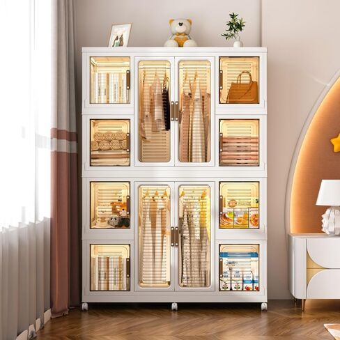 Portable Wardrobe Closet Storage Organizer for Clothes,Clothes Dresser,12 Magnetic Doors-12 Cubes & 2 Hanging Rod,16 pcs Hangers, Baby Wardrobe Storage Cabinet,White in Kuwait