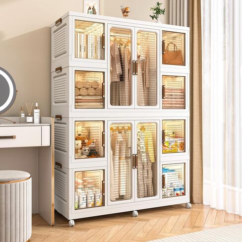 Portable Wardrobe Closet Storage Organizer for Clothes,Clothes Dresser,12 Magnetic Doors-12 Cubes & 2 Hanging Rod,16 pcs Hangers, Baby Wardrobe Storage Cabinet,White in Kuwait