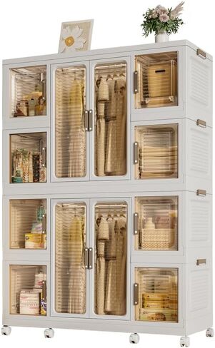Portable Wardrobe Closet Storage Organizer for Clothes,Clothes Dresser,12 Magnetic Doors-12 Cubes & 2 Hanging Rod,16 pcs Hangers, Baby Wardrobe Storage Cabinet,White in Kuwait