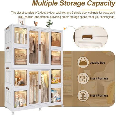 Portable Wardrobe Closet Storage Organizer for Clothes,Clothes Dresser,12 Magnetic Doors-12 Cubes & 2 Hanging Rod,16 pcs Hangers, Baby Wardrobe Storage Cabinet,White in Kuwait