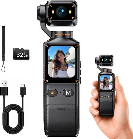 2K Vlogging Camera with 180° Rotating Lens, Handheld Pocket POV Video Camera, WiFi App, 7H Battery, 1.69" Screen, 32GB Card Included for YouTube, TikTok, Travel, Content Creators & Daily Vlogs in Kuwait