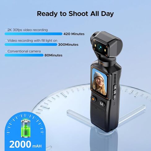 2K Vlogging Camera with 180° Rotating Lens, Handheld Pocket POV Video Camera, WiFi App, 7H Battery, 1.69" Screen, 32GB Card Included for YouTube, TikTok, Travel, Content Creators & Daily Vlogs in Kuwait