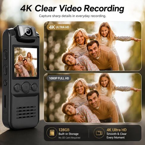4K Body Camera with Audio and Video Recording, 128GB | Wearable Mini Body Cam with Magnetic Clip, Hands-Free POV Camera for Work, Cycling, Travel, Driving & Daily Recording in Kuwait
