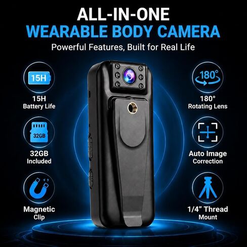 2K Body Camera with 15H Battery, 180° Rotating Lens, Auto Image Flip, Wearable POV Camera with 32GB Card, Magnetic Clip & 1/4 Mount for Cycling, Travel, Vlogging & Outdoor Adventures in Kuwait