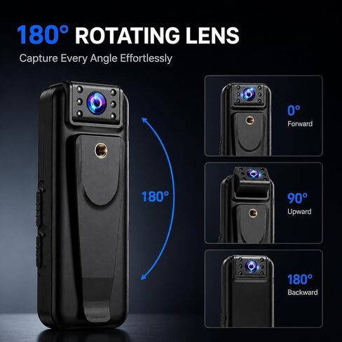 2K Body Camera with 15H Battery, 180° Rotating Lens, Auto Image Flip, Wearable POV Camera with 32GB Card, Magnetic Clip & 1/4 Mount for Cycling, Travel, Vlogging & Outdoor Adventures in Kuwait