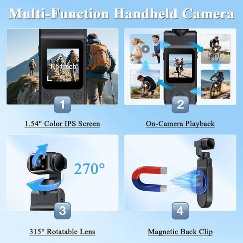 Body Camera with Audio & Video Recording Handheld Vlogging Camera | 1080P FHD | 270° Rotationg Lens | Night Vision | Connects to Phone | 1.54in Screen | Magnetic Clip | Camera for Vlogging in Kuwait