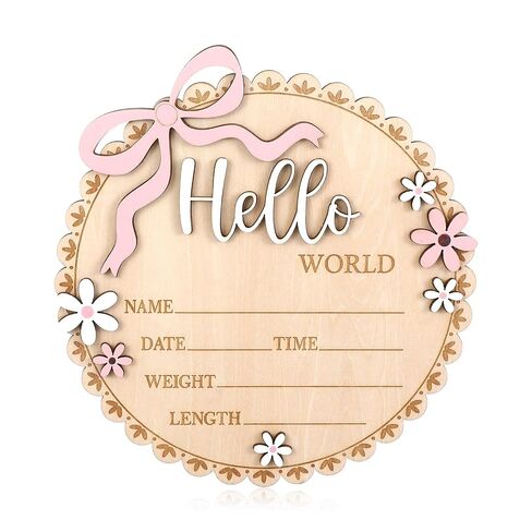 Ouligay Wood Baby Announcement Sign, Hello World Newborn Sign, Baby Name Sign, Babies Nursery Decor Name Plaques for Hospital Newborns Show Photo Prop Newborns Souvenirs(Wavy Edge) in Kuwait