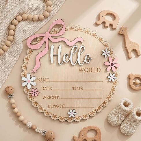 Ouligay Wood Baby Announcement Sign, Hello World Newborn Sign, Baby Name Sign, Babies Nursery Decor Name Plaques for Hospital Newborns Show Photo Prop Newborns Souvenirs(Wavy Edge) in Kuwait