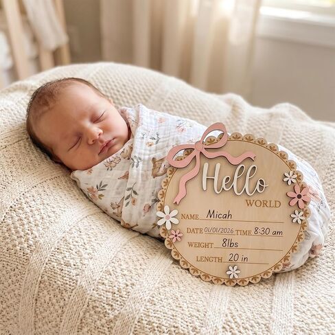 Ouligay Wood Baby Announcement Sign, Hello World Newborn Sign, Baby Name Sign, Babies Nursery Decor Name Plaques for Hospital Newborns Show Photo Prop Newborns Souvenirs(Wavy Edge) in Kuwait