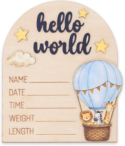 Hot Air Balloon Arch Wooden Birth Announcement Sign - 3D Hello World Safari Animals Name Plaque for Hospital - Newborn Photo Prop Ornament - Nursery Wall Decor Keepsake Gift for Boy Girl in Kuwait