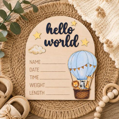 Hot Air Balloon Arch Wooden Birth Announcement Sign - 3D Hello World Safari Animals Name Plaque for Hospital - Newborn Photo Prop Ornament - Nursery Wall Decor Keepsake Gift for Boy Girl in Kuwait