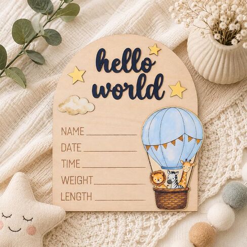 Hot Air Balloon Arch Wooden Birth Announcement Sign - 3D Hello World Safari Animals Name Plaque for Hospital - Newborn Photo Prop Ornament - Nursery Wall Decor Keepsake Gift for Boy Girl in Kuwait
