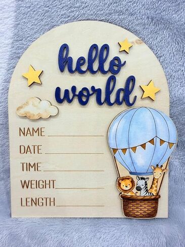 Hot Air Balloon Arch Wooden Birth Announcement Sign - 3D Hello World Safari Animals Name Plaque for Hospital - Newborn Photo Prop Ornament - Nursery Wall Decor Keepsake Gift for Boy Girl in Kuwait