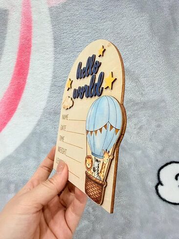 Hot Air Balloon Arch Wooden Birth Announcement Sign - 3D Hello World Safari Animals Name Plaque for Hospital - Newborn Photo Prop Ornament - Nursery Wall Decor Keepsake Gift for Boy Girl in Kuwait