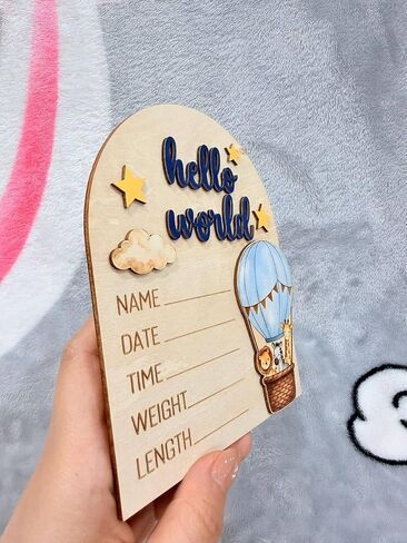 Hot Air Balloon Arch Wooden Birth Announcement Sign - 3D Hello World Safari Animals Name Plaque for Hospital - Newborn Photo Prop Ornament - Nursery Wall Decor Keepsake Gift for Boy Girl in Kuwait