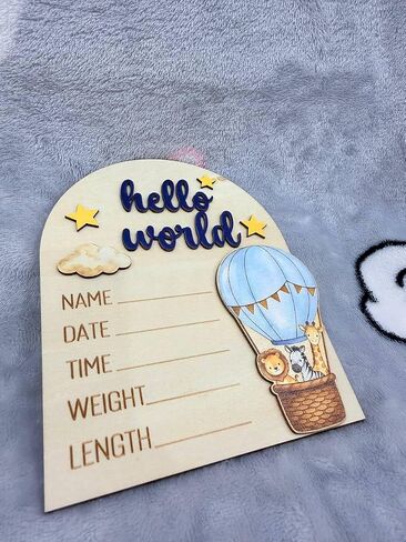 Hot Air Balloon Arch Wooden Birth Announcement Sign - 3D Hello World Safari Animals Name Plaque for Hospital - Newborn Photo Prop Ornament - Nursery Wall Decor Keepsake Gift for Boy Girl in Kuwait