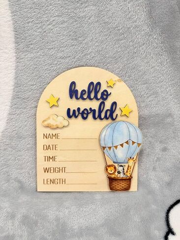 Hot Air Balloon Arch Wooden Birth Announcement Sign - 3D Hello World Safari Animals Name Plaque for Hospital - Newborn Photo Prop Ornament - Nursery Wall Decor Keepsake Gift for Boy Girl in Kuwait
