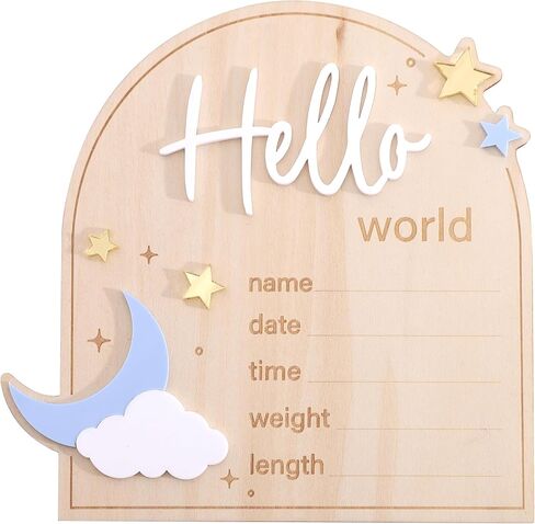 Moon And Stars Hello World Birth Announcement Sign - Wooden Hello World Newborn Decoration, With Star Moon Cloud Design, Birth Stats Keepsake Sign, Newborn Birth Announcement Board in Kuwait