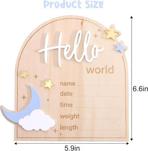 Moon And Stars Hello World Birth Announcement Sign - Wooden Hello World Newborn Decoration, With Star Moon Cloud Design, Birth Stats Keepsake Sign, Newborn Birth Announcement Board in Kuwait