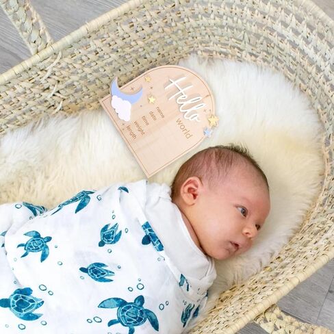 Moon And Stars Hello World Birth Announcement Sign - Wooden Hello World Newborn Decoration, With Star Moon Cloud Design, Birth Stats Keepsake Sign, Newborn Birth Announcement Board in Kuwait