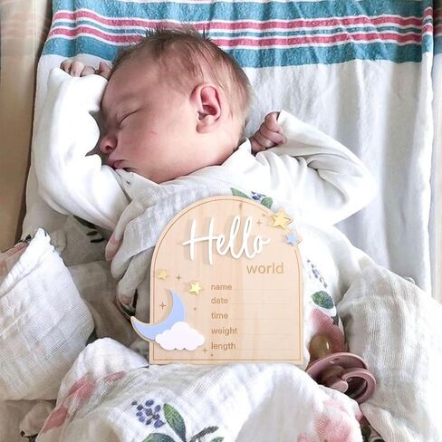 Moon And Stars Hello World Birth Announcement Sign - Wooden Hello World Newborn Decoration, With Star Moon Cloud Design, Birth Stats Keepsake Sign, Newborn Birth Announcement Board in Kuwait