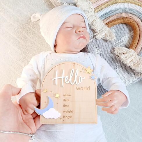 Moon And Stars Hello World Birth Announcement Sign - Wooden Hello World Newborn Decoration, With Star Moon Cloud Design, Birth Stats Keepsake Sign, Newborn Birth Announcement Board in Kuwait