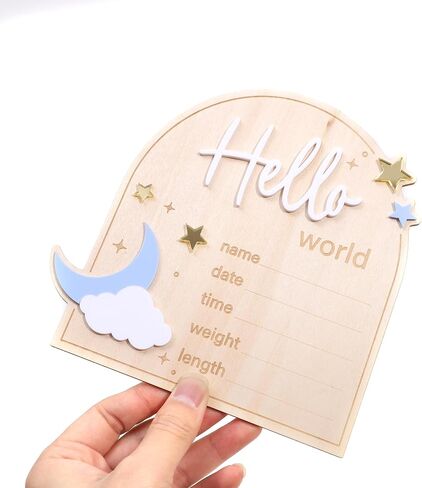 Moon And Stars Hello World Birth Announcement Sign - Wooden Hello World Newborn Decoration, With Star Moon Cloud Design, Birth Stats Keepsake Sign, Newborn Birth Announcement Board in Kuwait