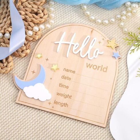 Moon And Stars Hello World Birth Announcement Sign - Wooden Hello World Newborn Decoration, With Star Moon Cloud Design, Birth Stats Keepsake Sign, Newborn Birth Announcement Board in Kuwait