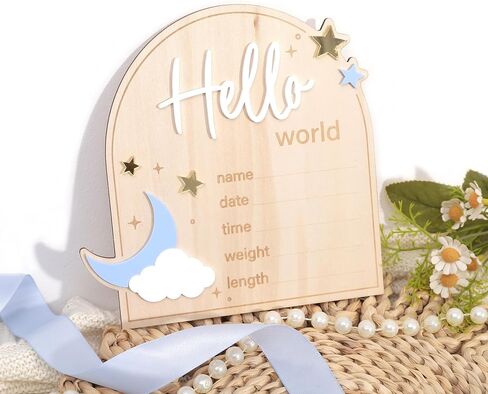 Moon And Stars Hello World Birth Announcement Sign - Wooden Hello World Newborn Decoration, With Star Moon Cloud Design, Birth Stats Keepsake Sign, Newborn Birth Announcement Board in Kuwait