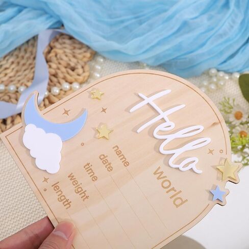Moon And Stars Hello World Birth Announcement Sign - Wooden Hello World Newborn Decoration, With Star Moon Cloud Design, Birth Stats Keepsake Sign, Newborn Birth Announcement Board in Kuwait