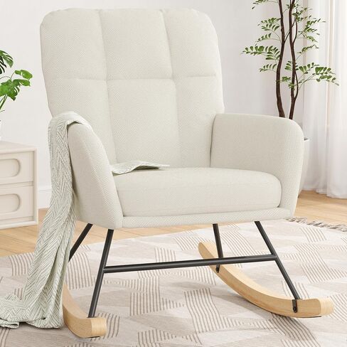 Nursery Rocking Chair Upholstered, High Backrest Glider Rocker Accent Chair with Padded Removable Cushion Comfy Nursing Chair for Living Room Bedroom Office, Grey in Kuwait