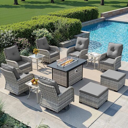 3-Piece Small Patio Furniture Set, Outdoor Swivel Rocking Chairs Set with Wicker Chairs and Tempered Glass Side Table, Outdoor Furniture Patio Bistro Set for Balcony, Deck, Porch in Kuwait