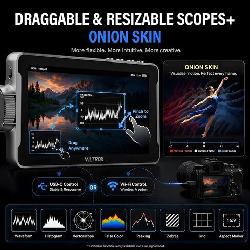 VILTROX DC550 Pro II 5.5" 4K@60 HDMI2.0 Field Monitor(2026) 1400nits Touch Screen Camera Monitor with USB-C/Wi-Fi Kamera Control Onion Skin for Stop Motion 3D LUT Zebra Waveform Video Monitors in Kuwait