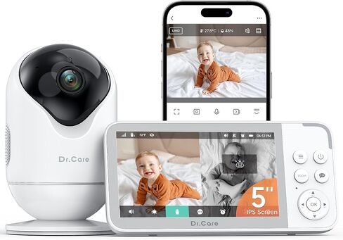 Dr.Care VistaView Smart WiFi Baby Monitor - 5" 1080P Split Screen & 2K Camera App Control, Cry & Motion Alerts, HD Night Vision, 5000mAh Battery, 2-Way Talk, Multi-User, Triple Security, 1279ft Range in Kuwait