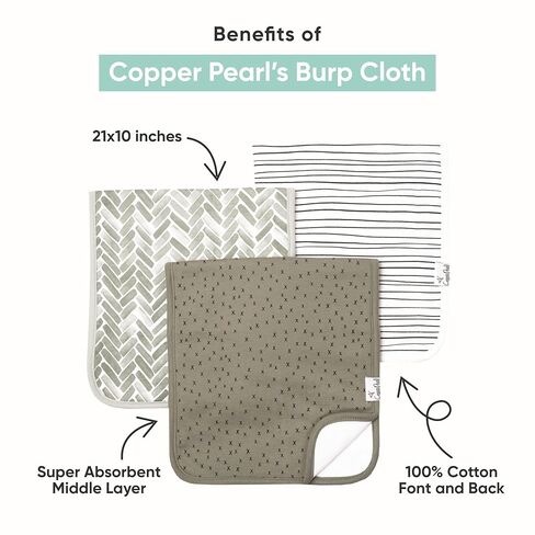Copper Pearl Premium Baby Burp Cloths - 3-Pack Large Cotton Burp Cloths, Extra Soft Spit Up Rags with 3 Absorbent Layers, Perfect for Baby Boy and Baby Girl Gifts (21" x 10" Size, Lennon Set) in Kuwait