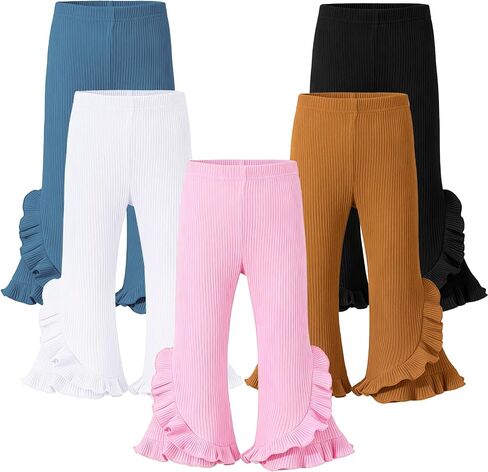 5 Pack Toddler Girl Flare Pants | Cotton Ribbed Bell Bottoms with Ruffle Hem, Soft Stretchy Baby Flared Leggings, Boho Casual Outfit 0-5 Years in Kuwait