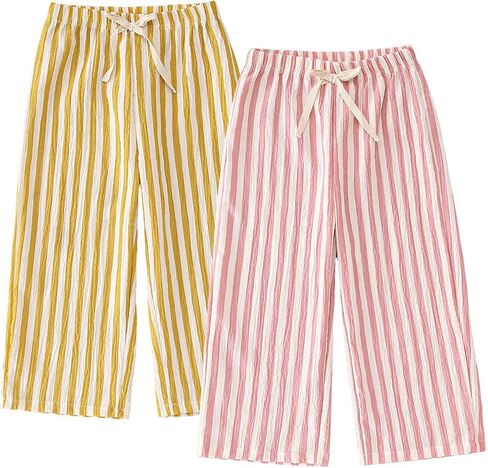 CM C&M WODRO Toddler Boy Girl Pants 2 Pack Stripes Elastic Waist Wide Leg Kids Summer Fall Lightweight Cotton Pants Trousers in Kuwait