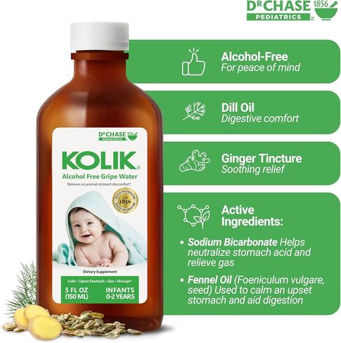 Dr. Chase Kolik Gripe Water for Babies, Alcohol-Free, Plant-Based (5 fl oz) | Plant-Based Gas Drops for Newborns & Infants w/ Fennel & Dill, Colic, Fussiness, Hiccups & Tummy Discomfort Relief (150mL) in Kuwait