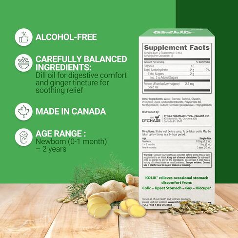 Dr. Chase Kolik Gripe Water for Babies, Alcohol-Free, Plant-Based (5 fl oz) | Plant-Based Gas Drops for Newborns & Infants w/ Fennel & Dill, Colic, Fussiness, Hiccups & Tummy Discomfort Relief (150mL) in Kuwait