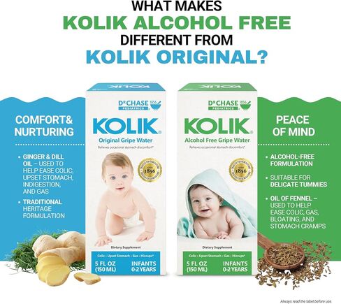 Dr. Chase Kolik Gripe Water for Babies, Alcohol-Free, Plant-Based (5 fl oz) | Plant-Based Gas Drops for Newborns & Infants w/ Fennel & Dill, Colic, Fussiness, Hiccups & Tummy Discomfort Relief (150mL) in Kuwait