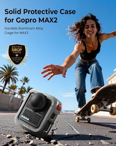 Protective Cage for GoPro MAX2 Case Aluminum Alloy Mount - Gray | 1/4" threads with cold shoe,tool-free install,protective case for GoPro MAX2 Accessories,for vlog,for outdoor extreme sports in Kuwait