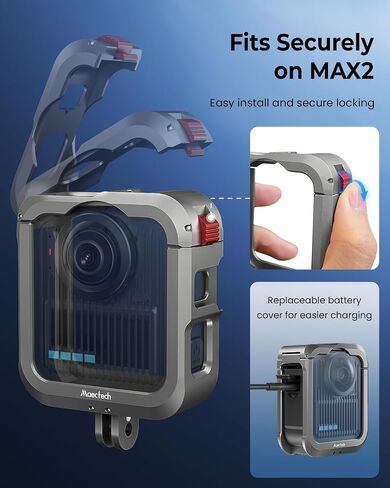 Protective Cage for GoPro MAX2 Case Aluminum Alloy Mount - Gray | 1/4" threads with cold shoe,tool-free install,protective case for GoPro MAX2 Accessories,for vlog,for outdoor extreme sports in Kuwait