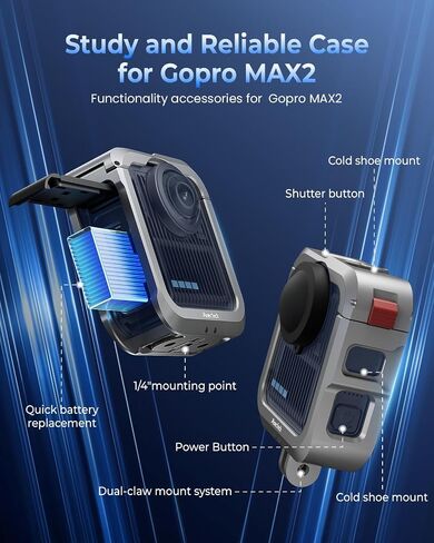 Protective Cage for GoPro MAX2 Case Aluminum Alloy Mount - Gray | 1/4" threads with cold shoe,tool-free install,protective case for GoPro MAX2 Accessories,for vlog,for outdoor extreme sports in Kuwait