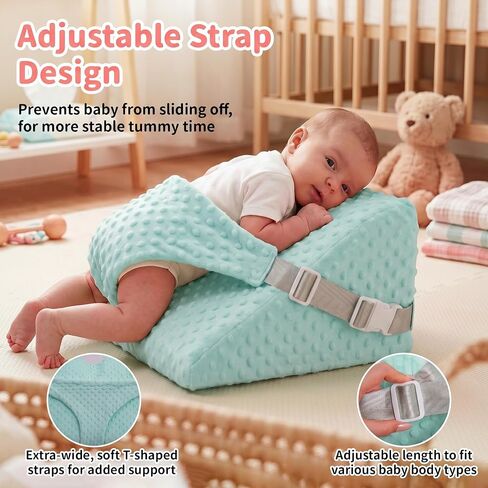 Baby Tummy Time Prop with T-Shape Wide Safety Belt, Memory Foam Nursery Support for Neck, Shoulder and Body Strength, Infant Tummy Time Pillow with Washable Removable Cover(Green) in Kuwait